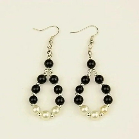 Handcrafted Black White Silver Beads Teardrop Dangle Earrings - Picture 1 of 1